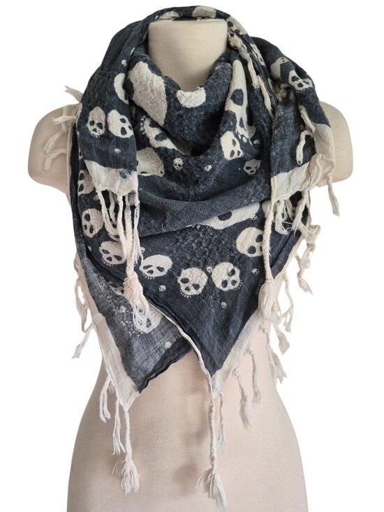 Zara Accessories - Zara RARE Skull Grunge Scarf Grey and White Textured Tassels
